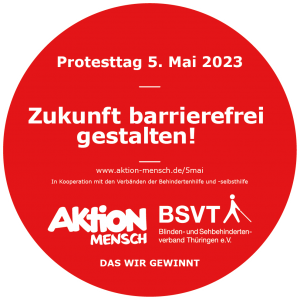Button - Zukunft barrierefrei gestalten - mit dem Logo des BSVT und der Aktion Mensch